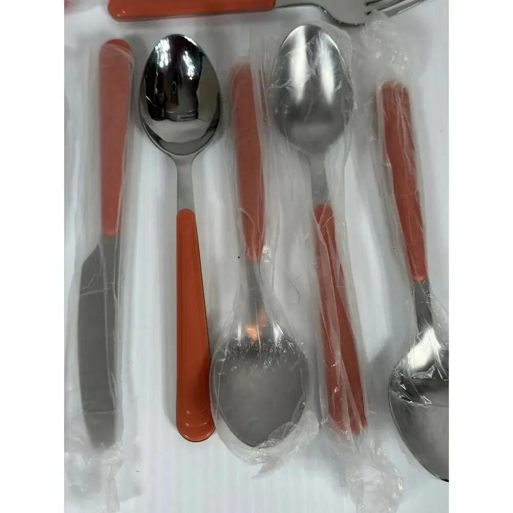 19 Pieces Flatware Piece Set Coral Pink Salmon Plastic Handles MCM Made In China